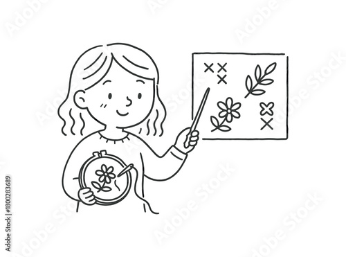 handdrawn cute doodle style woman teaching embroidery patterns vector line illustration