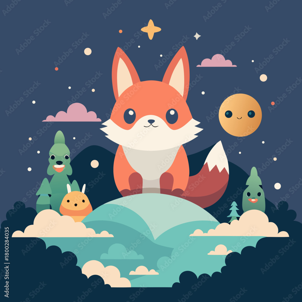 Fototapeta premium Cute cartoon fox sits on a hill under a starry night sky with friendly creatures
