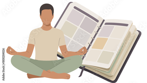 A man meditating in front of a journal.