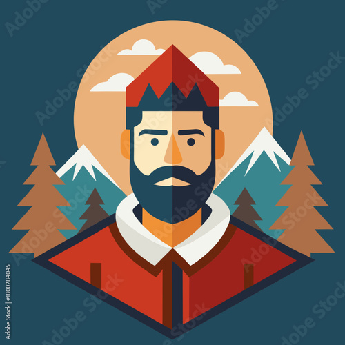 Stylized lumberjack portrait with mountains and trees in flat design style