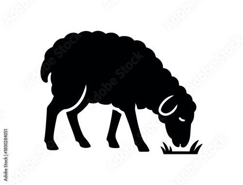 sheep grazing flat black solid vector illustration isolated on white background