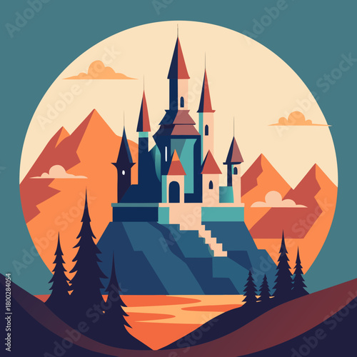 Enchanting castle on a hilltop with majestic mountains and a serene lake