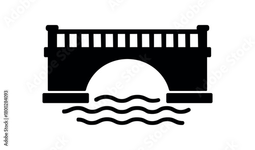 small river bridge flat black solid vector illustration isolated on white background
