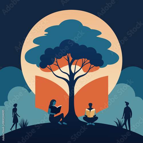 People reading books under a stylized tree with a large moon and open book background