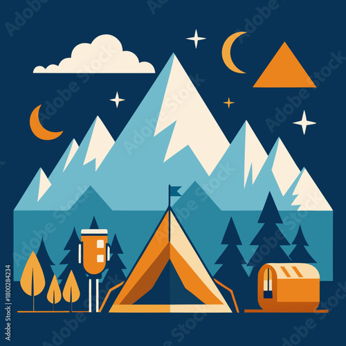 Stylized mountain campsite under a starry night sky with crescent moons