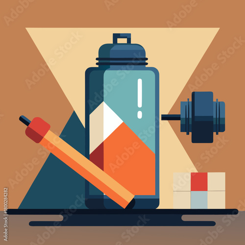 Stylized illustration of fitness and hydration essentials with geometric shapes and warm color palette