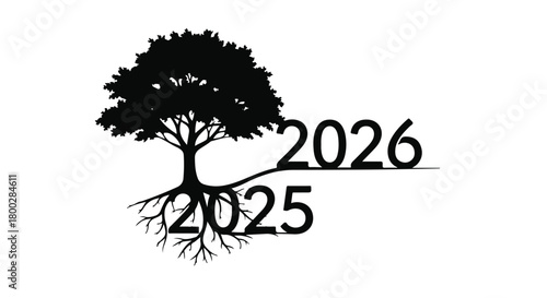 Tree roots growing towards future year numbers, symbolizing growth and planning.