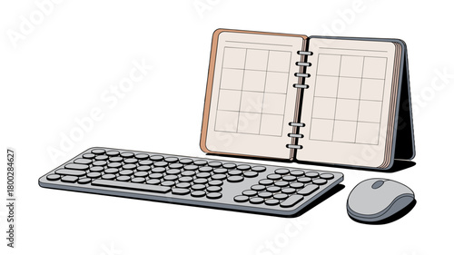 Calendar, keyboard and mouse on a work table.