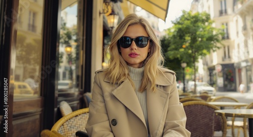 Fototapeta Naklejka Na Ścianę i Meble -  Stylish woman in sunglasses and trench coat at a cafe, Parisian street background