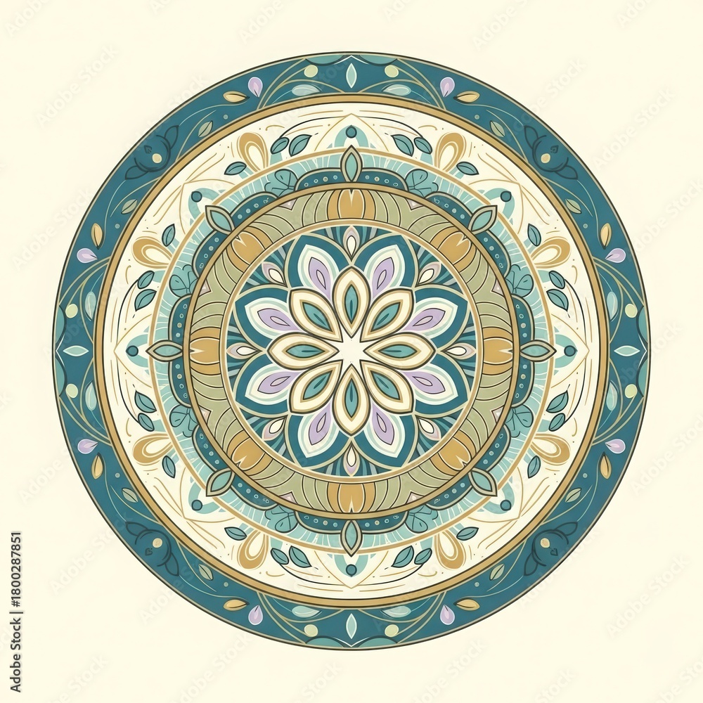 Naklejka premium Intricate circular mandala design with floral motifs in teal orange and cream colors