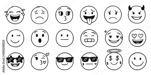 Collection of hand drawn cartoon egg faces expressing a wide range of emotions and moods