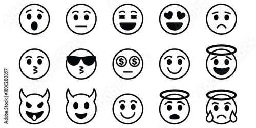 Collection of hand drawn emoji faces expressing a variety of emotions and characters