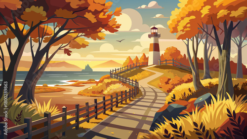 Very beautiful autumn afternoon scene at Cape May Point State Park, featuring golden foliage, gentle coastal light, calm paths, and the serene natural landscape surrounding Cape May Point.