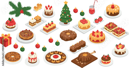 A festive collection of delicious christmas themed cakes and desserts arranged on a white background