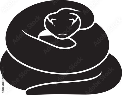 Striking silhouette of a coiled snake with white outline and intense gaze