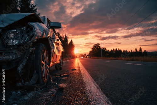 Car Accident Scene Damaged Vehicle at Sunset