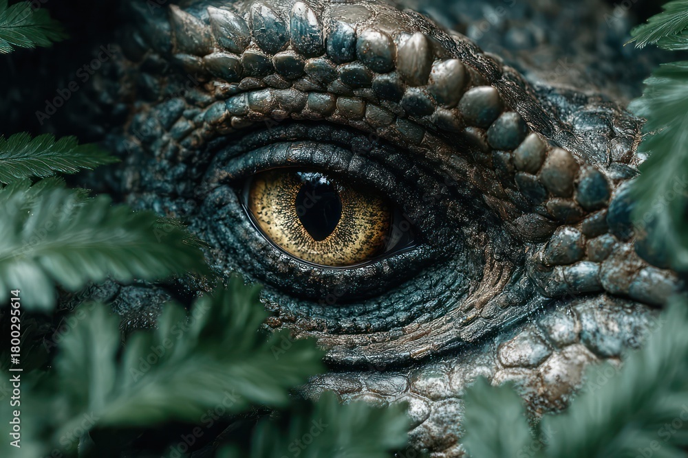 Fototapeta premium Lizard-like Dinosaur Eye Peeking Through Jungle Leaves