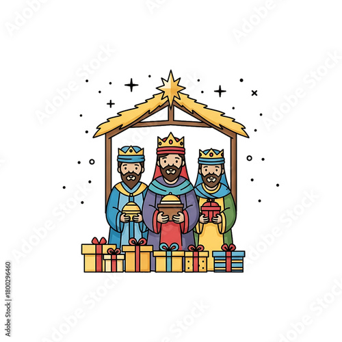 Nativity scene showing the three wise men visiting baby Jesus.
