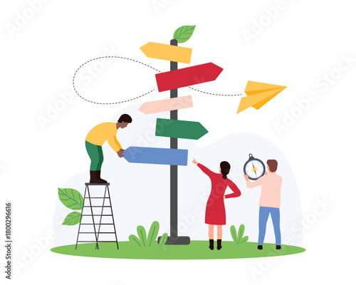 Success decision making, choice of life challenge, professional career path. Tiny people choose direction on street sign with arrows, find solution for goal achievement cartoon vector illustration