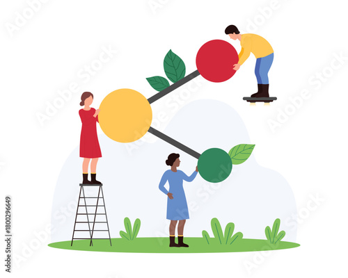 P2P network, global support services to share and exchange information. Tiny people holding scheme with links between circles, sharing internet resources to peers cartoon vector illustration
