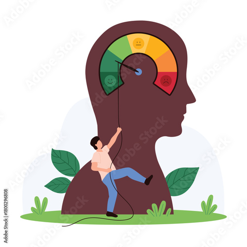 Stress control when problems and negative thoughts overload mind. Tiny man pulling arrow on speedometer dial with scales to reduce tension and anxiety, manage emotions cartoon vector illustration