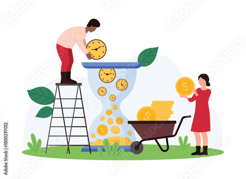 Efficiency of time management, investment of time in future income, pension. Tiny people throw clocks inside hourglass, invest working hours to make money in sandglass cartoon vector illustration