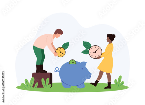 Time investment to save money, return capital in future, pension. Tiny people throw clocks inside piggy bank, plan wealth growth, invest working hours to increase income cartoon vector illustration