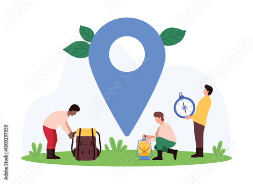 Point and place marker on map, position symbol for GPS locator and travel navigation. Tiny people holding backpack, compass and tourist lamp standing at big location pin cartoon vector illustration