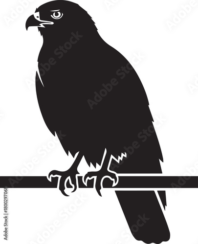 Majestic black silhouette of a bird of prey perched confidently on a branch