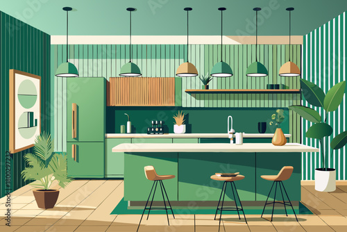 Minimalist interior design including green modern kitchen with clean lines, wooden accent wall, contemporary home decoration, stylish architectural space and calm functional arrangement for beautiful 