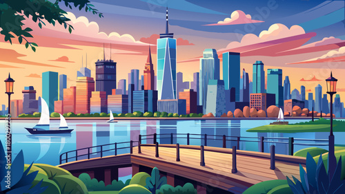 Very beautiful panoramic view across the Hudson River capturing Lower Manhattan and One World Trade Center, seen from Pier A Park in Hoboken, showcasing the shimmering waterfront and iconic urban skyl