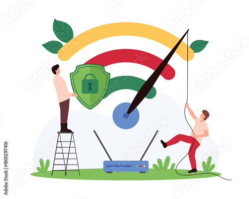 High speed wireless internet connection test, WIFI access security. Tiny people pull speedometer arrow on router to boost slow digital signal and turbo download data cartoon vector illustration