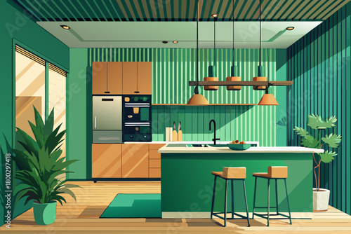Minimalist interior design including green modern kitchen with clean lines, wooden accent wall, contemporary home decoration, stylish architectural space and calm functional arrangement for beautiful 