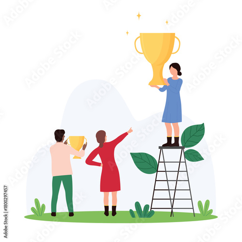 Goal achievement, trophy for winner employee or team, success. Tiny people win gold cup award with best results in tournament, celebrate career challenge prize with goblet cartoon vector illustration