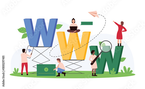 Click to go to online website, visit webpage for shopping and internet surfing, social media. Tiny people search with magnifying glass www address of digital page cartoon vector illustration