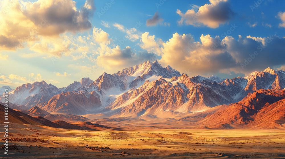 Naklejka premium Panoramic desert mountain range glowing at golden hour, capturing warm sunlight, long shadows, rugged peaks, and a serene, atmospheric sunrise or sunset scene.