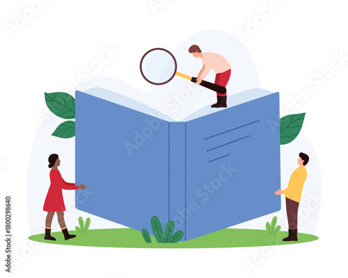 Information search, document analysis, data review or guide inspection, learning. Tiny people look through magnifier at open book, evaluate and find, read text online cartoon vector illustration
