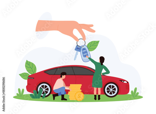 Purchase new or used car, automobile rental agreement. Big hand giving key fob of red modern vehicle to tiny people, money transaction from driver to dealer or owner cartoon vector illustration