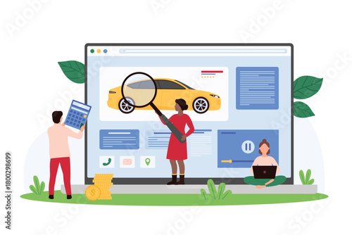 Car inspection online for purchase or rent, technical and diagnostic service before deal. Tiny people check modern new or used motor vehicle in classifieds on laptop screen cartoon vector illustration