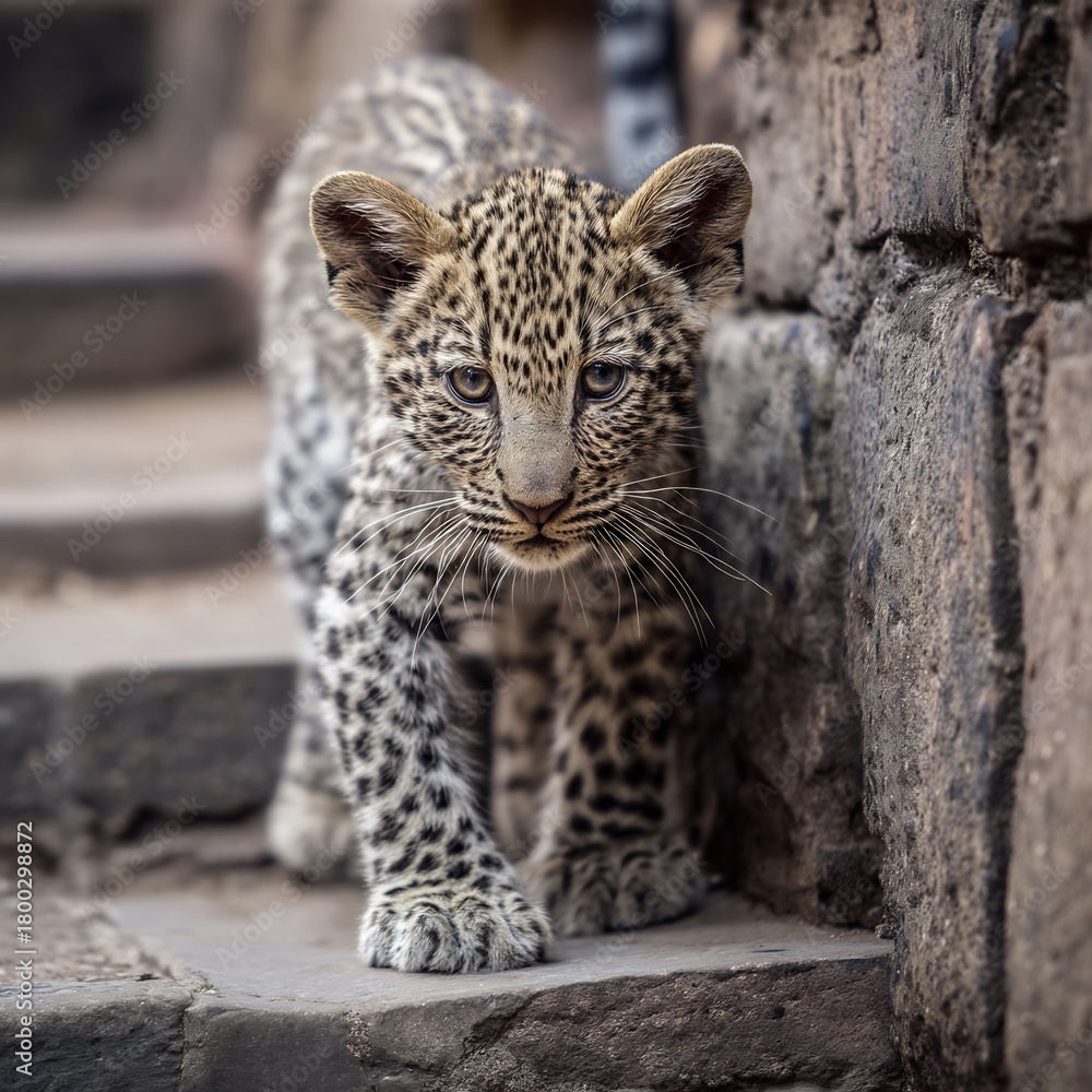 Naklejka premium A young leopard cub walking down stone steps in a natural habitat setting