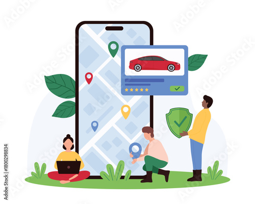 Online car sharing security, service in mobile phone app. Tiny people holding shield and location pin for map to control city ride, search auto vehicle on smartphone screen cartoon vector illustration