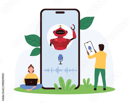 AI assistant, virtual conversation of customer and chatbot, answers on questions. Tiny people record voice message in chat mobile app with robot on smartphone screen cartoon vector illustration