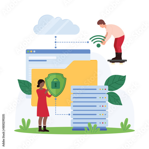 Secure data storage, transfer and sharing with cloud service, cyber security and firewall, backup protection. Tiny people holding shield to protect digital information cartoon vector illustration