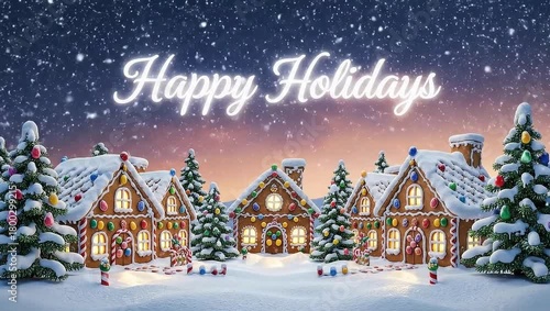 Animation of Happy Holidays written in shiny letter on snowy city
