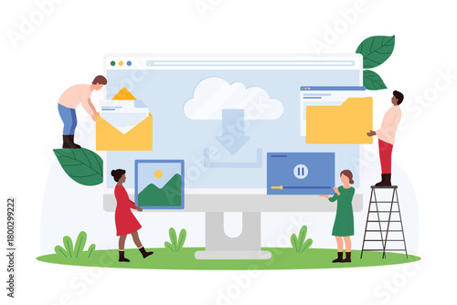 Access to cloud service, database. Tiny people holding icons of multimedia files, document in folder and email to connect and upload to cloud storage on computer screen cartoon vector illustration
