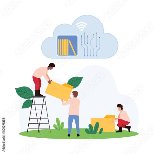 Cloud library service, data upload and management, transfer and sharing with privacy. Tiny people holding digital folder to download archive, backup and directory on shelf cartoon vector illustration