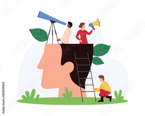Business forecast, vision of opportunity. Tiny people with megaphone look forward through telescope, characters from inside human head of businessman and entrepreneur cartoon vector illustration