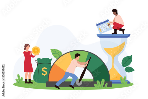 Efficiency of cost optimization strategy, effective business plan of price decrease, investment. Tiny people control needle of speedometer dial to make minimum cost cartoon vector illustration