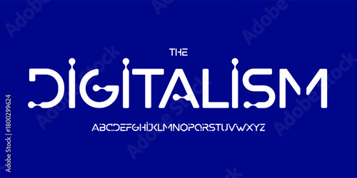 Biotech futuristic logo font, connected sci-fi alphabet. Rounded digital typeface for science headline, neural tech UI, innovation lab display, AI interface, modern system branding. Vector typography.