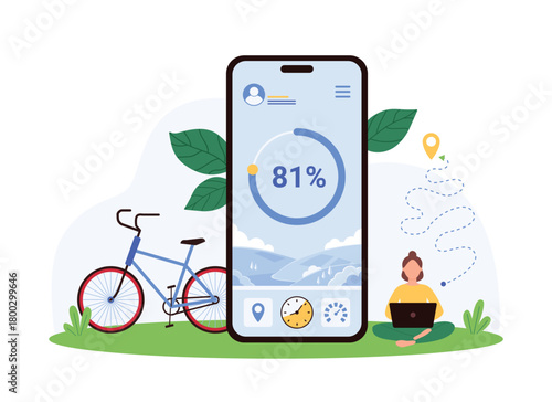 Fitness smart app for cycling workout. Tiny woman tracking healthy exercises and bicycle training with interface of big smartphone, data of route and time on screen cartoon vector illustration